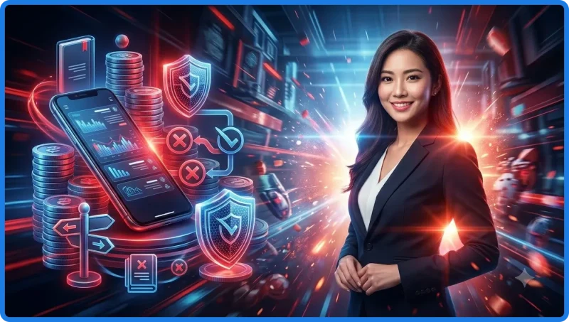 Bối cảnh sử dụng dịch vụ VSBet với laptop và điện thoại, biểu tượng pháp lý và trách nhiệm